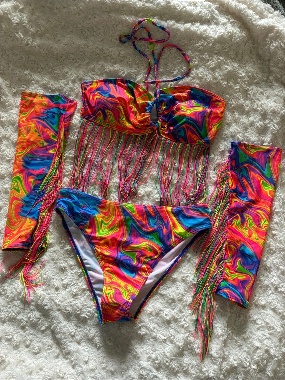 Neon Swirl Fringe Rave Bikini Set